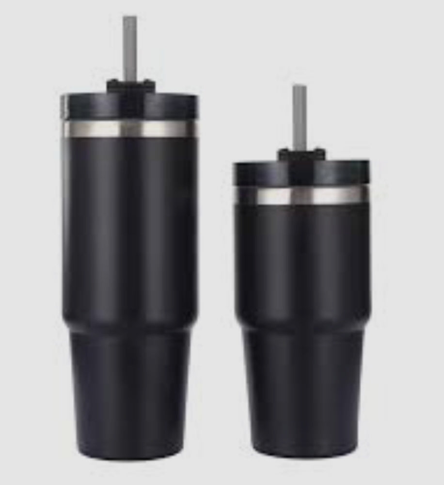 Rash Enterprise black insulated Coffee Tumbler set with straws and stainless steel rim in two sizes