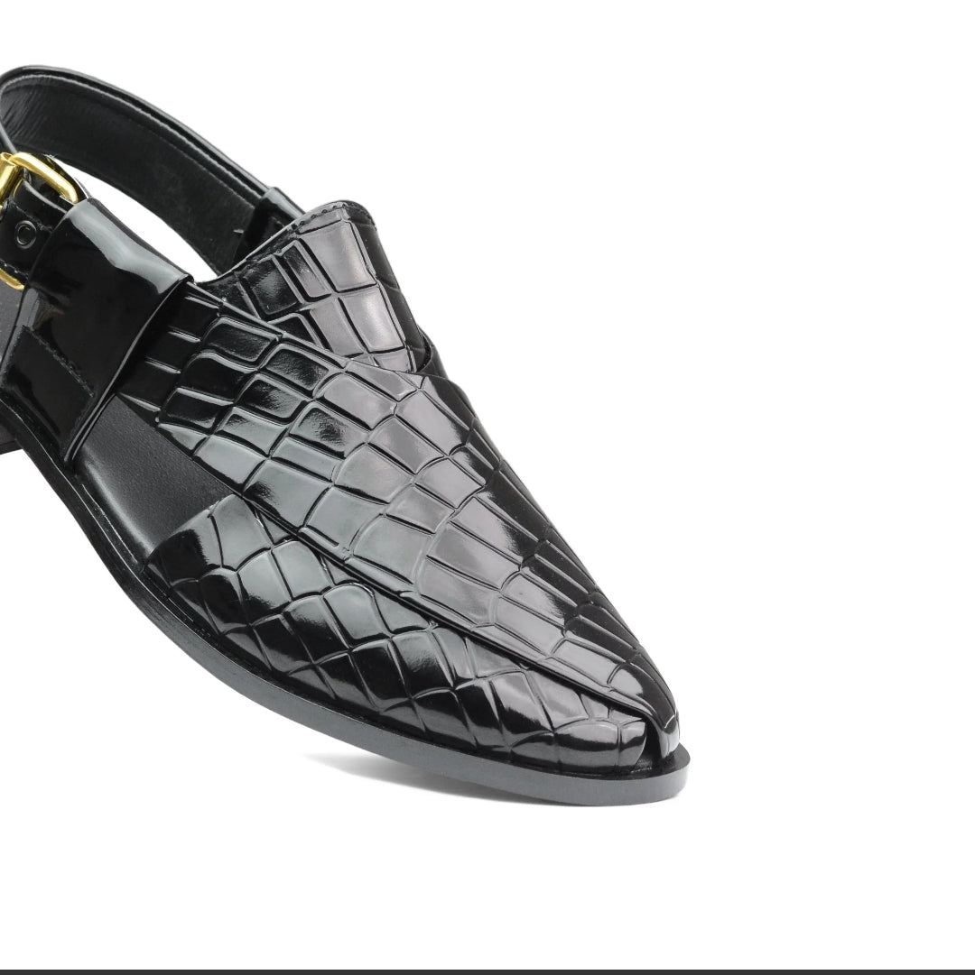 Black leather men's sandal with crocodile pattern detailing from the Men's Khairi Collection