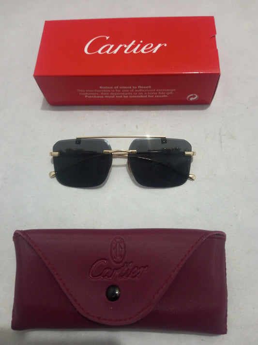 Cartier rectangular black lens sunglasses with gold frame and red Cartier case and box