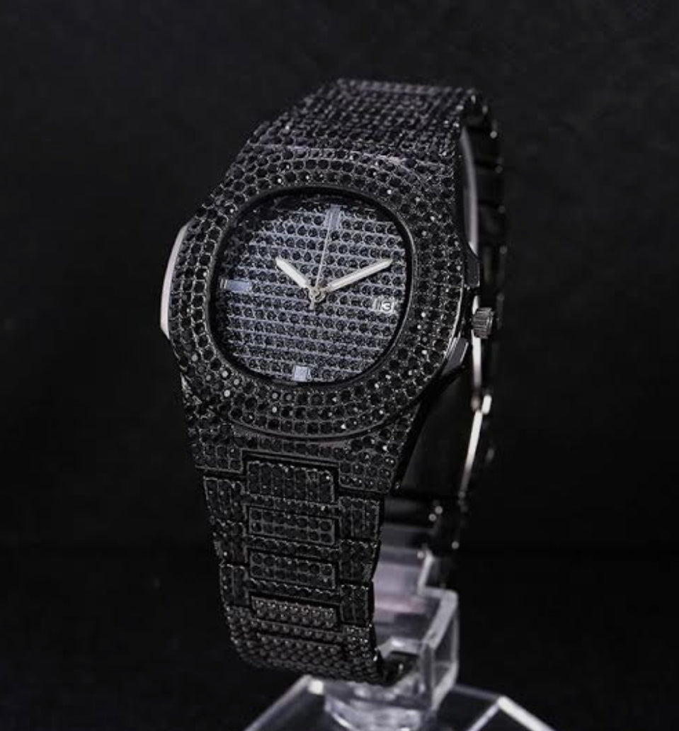 Rash Enterprise men's iced out pp watch in black with full crystal embellishments and date display